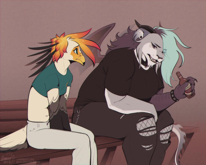 A highly detailed and refined flat color piece of Dakota the secretary bird and Skylar the dracanine. They're sitting together on a bench, both hunching slightly as a gloom mood lingers, a look of concern plastered across Dakota's face. Skylar looks down a
