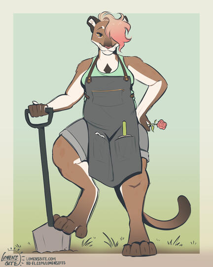 A colored sketch of a florida panther named Lambchop, holding and standing on a gardening shovel with one hind paw, holding a rose in the other hand. She's wearing a tank top and shorts with a gardening apron over it, scissors and hand-shovel in the pocket
