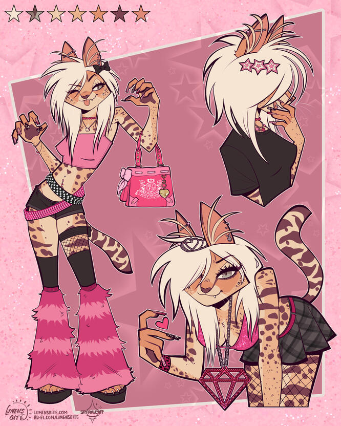 A mini-ref with a full body, headshot, half body and color palette of a y2k serval girl.