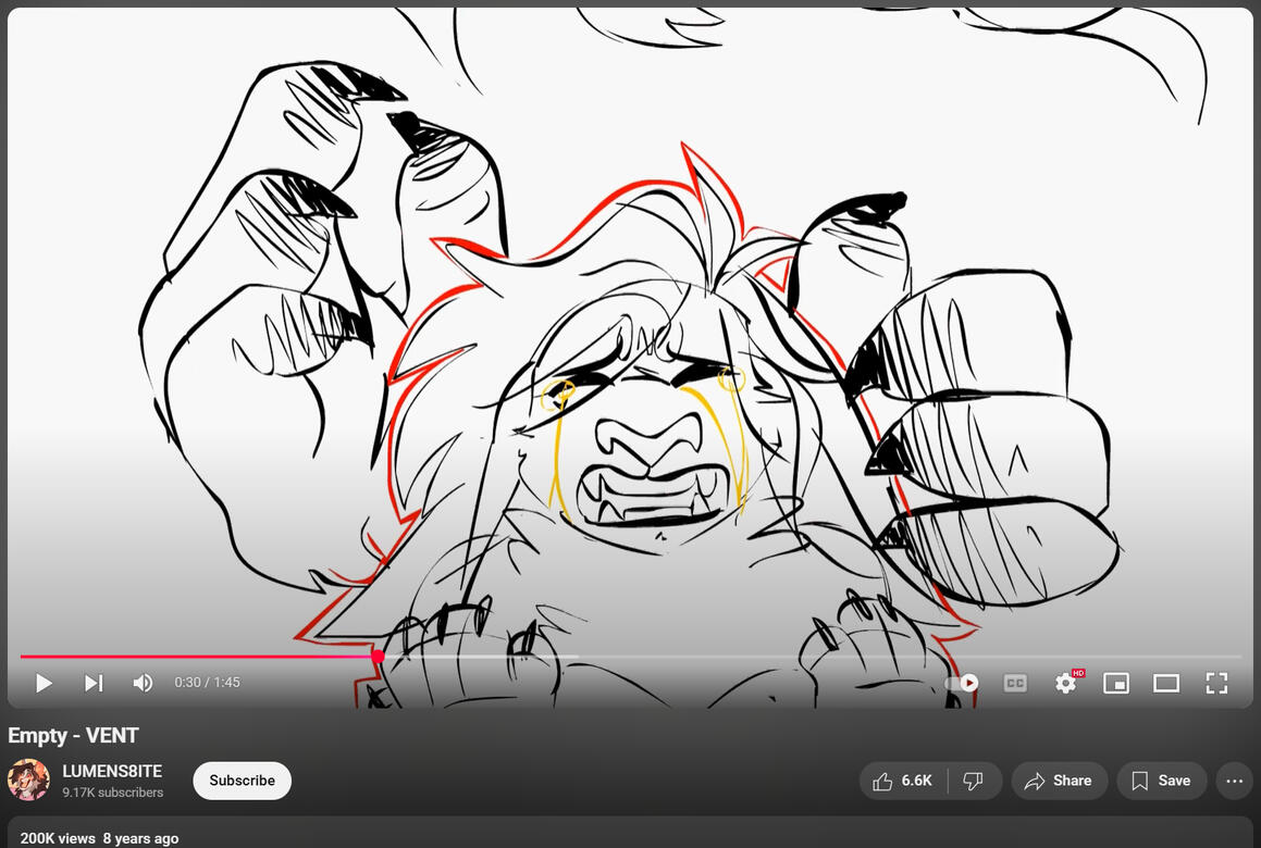 A frame from my "Empty" animatic. It's a sketch of Sunny, outlined in red, crying yellow tears. Giant clawed hands loom over his head, trapping him.
