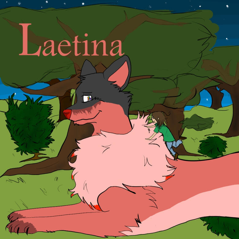 A square digital drawing of a giant pink and gray fox with a rainbow "L" shaped iris. She's laying on her stomach, looking back over her shoulder at the kid climbing her body. They are in a forest at night.