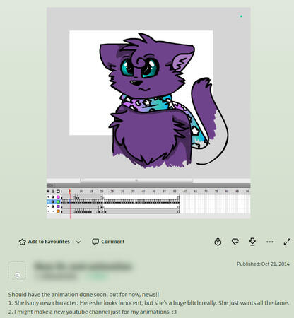 A screenshot of a purple cat drawn in Adobe Flash that was posted to deviantART. The description of the post mentions the making of a "new YouTube channel".
