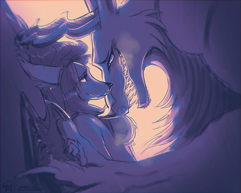 A POV piece from the floor, looking at Jade the fox laying on her back, looking into the eyes of Maximus the beast. They are backlit by a bright light.