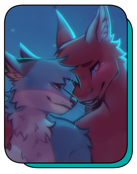 Digital drawing of an anthropomorphic fox and dragon cuddled in the desert under the night sky with a telescope beside them.