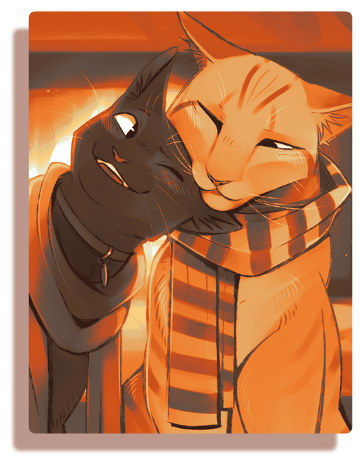 Digital drawing of an anthropomorphic fox and dragon cuddled in the desert under the night sky with a telescope beside them.