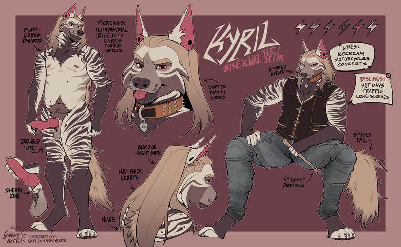 A standard-sized reference sheet except the halfbody has been swapped for a fullbody and there's an additional headshot. It's of a hyena metalhead with long blonde hair. Designed by me.
