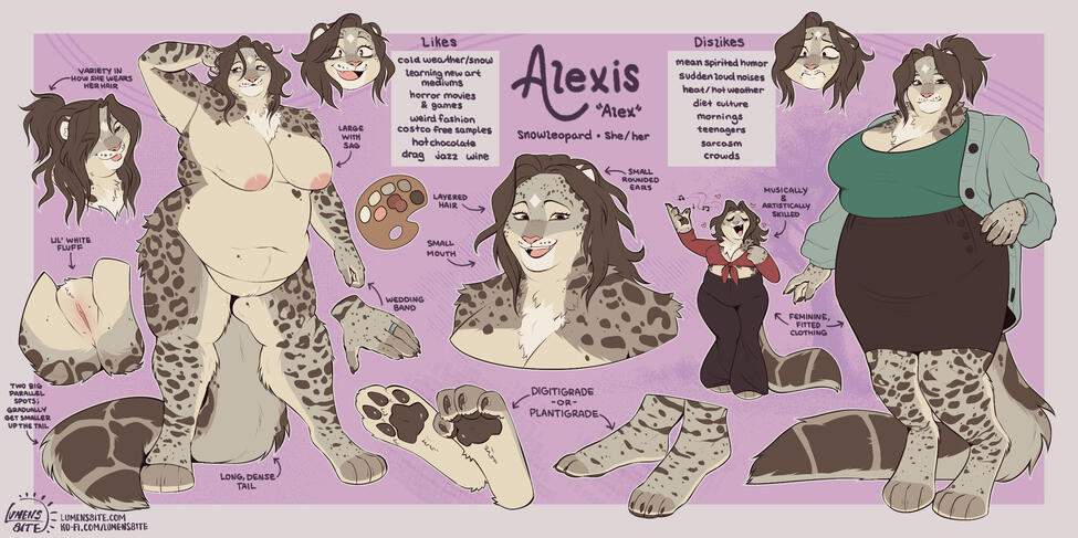 A large reference sheet with the standard inclusions, except the half body has been upgraded to another full body, likes & dislikes chart, 1 chibi, and 3 additional closeups. Features a curvaceous snow leopard. Designed by me.