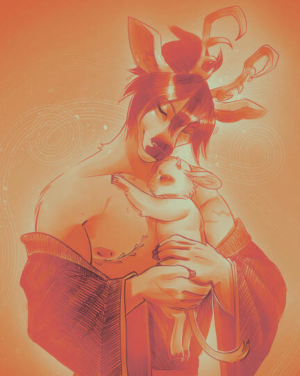 A sketch of a huge muscular transmasc horse in a leather harness and jock strap, beside him a smaller, curvy rabbit confidently holds onto his thick forearm.