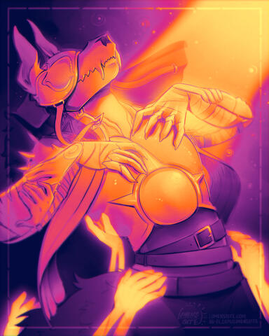 An undead furry is touched by light, the hands of the undead raising him up towards the heavens.