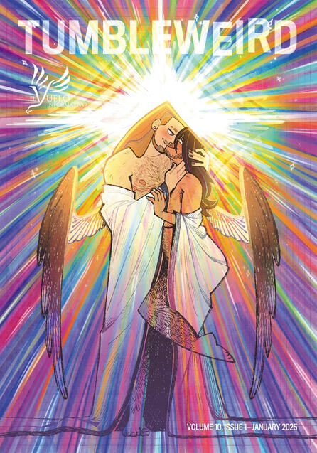 A digital drawing of a blonde man and brunette man embracing in white robes. Their faces align like puzzle pieces, a powerful burst of colorful light shining through them.