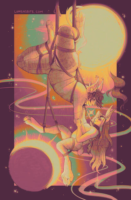 A digital drawing of two furries engaging in non-sexual shibari suspension. Their bodies are lit up by the sun and moon in opposing corners.