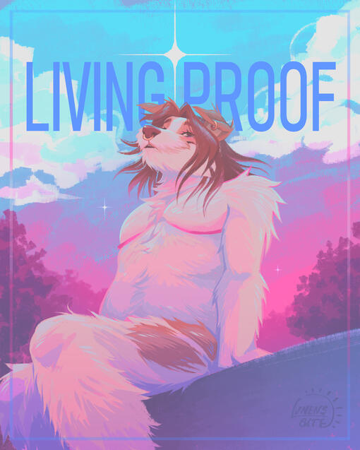 A low-angle digital painting of a Jack Russell Terrier with mastectomy scars, proudly looking at the viewer. Behind him, there's text that says "LIVING PROOF". The piece is painted in the colors of the trans flag.