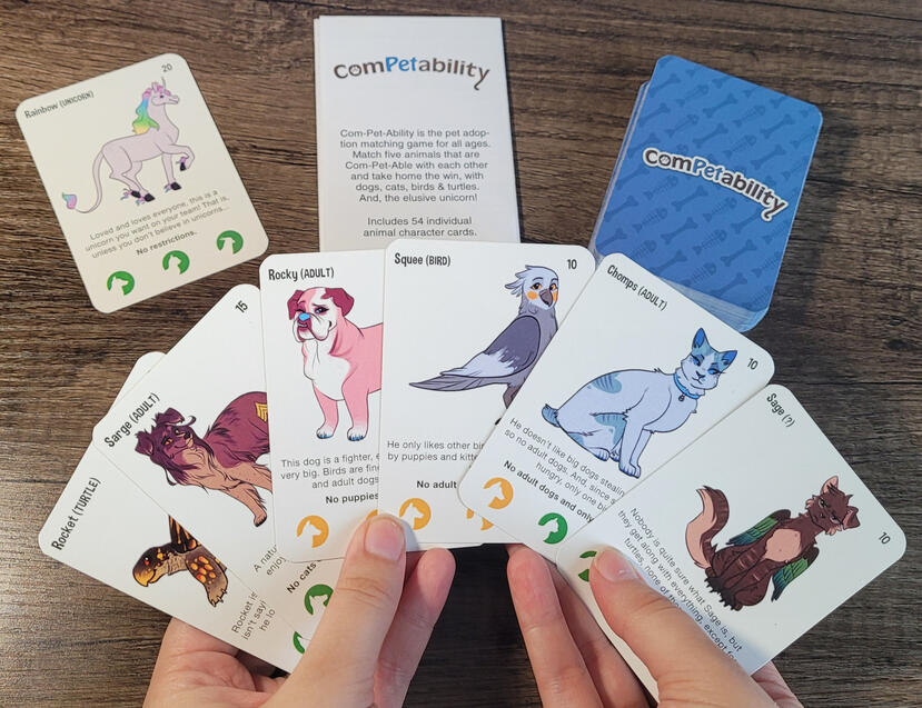 A photo featuring 7 cards from the game "ComPetability". The art on the cards is designed by Rhidley.