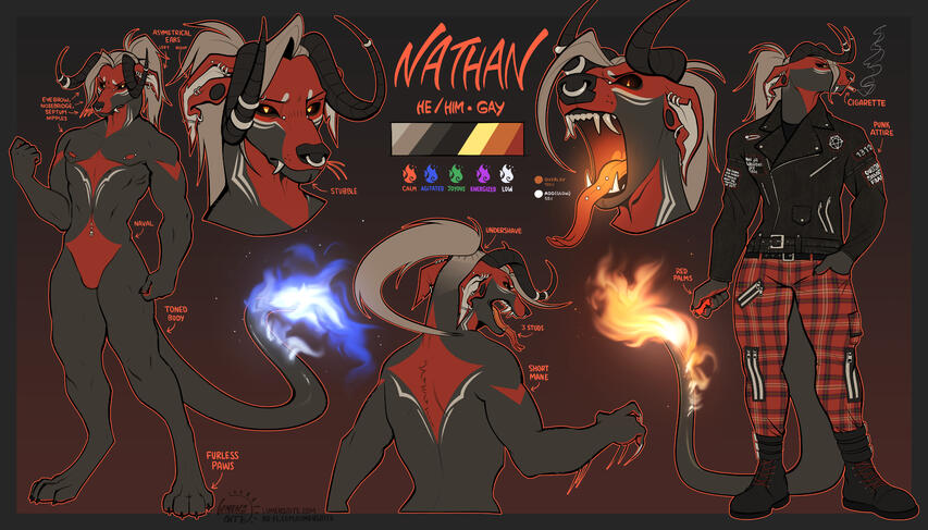 A standard size ref sheet with an additional fullbody for clothing featuring a hellhound-like guy with big curvy horns and short red and gray fur. He has a flaming tail the changes based on his mood. Designed by me.