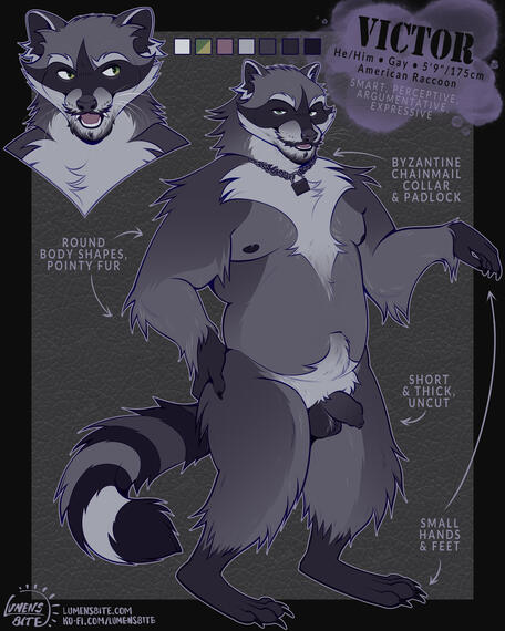 A standard-sized reference sheet except the halfbody has been swapped for a fullbody and there's an additional headshot. It's of a hyena metalhead with long blonde hair. Designed by me.