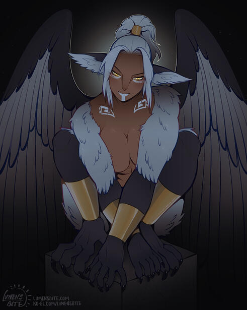 Halfbody piece of a hybrid creature against the yellow light of the moon. They have a sultry look, their 8 breasts and large canid cock out in full view.