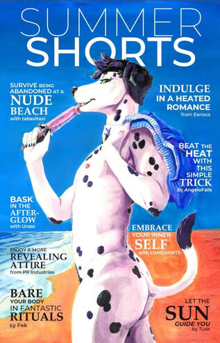 The cover of Summer Shorts with a feminine Dalmatian at a nude beach.