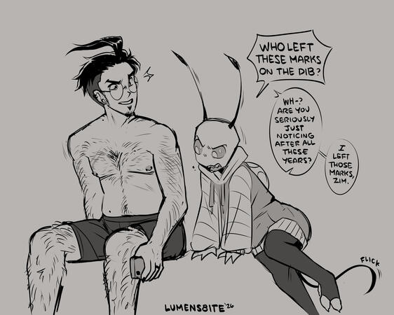 Nikolai & Ravanna A sketch of a huge muscular transmasc horse in a leather harness and jock strap, beside him a smaller, curvy rabbit confidently holds onto his thick forearm.