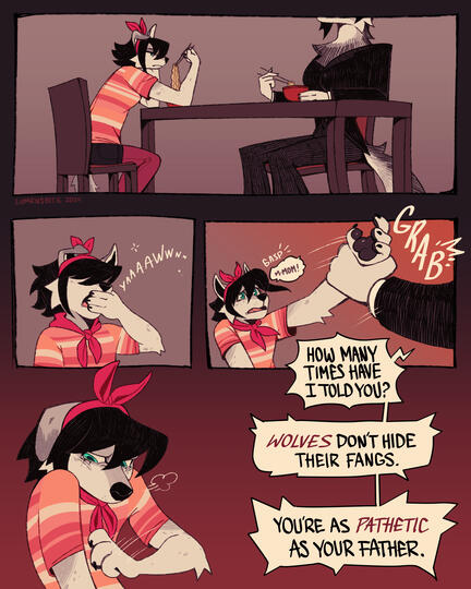 A hellhound and a wolverine stradle one another and embrace, an adoring look in both of their eyes.