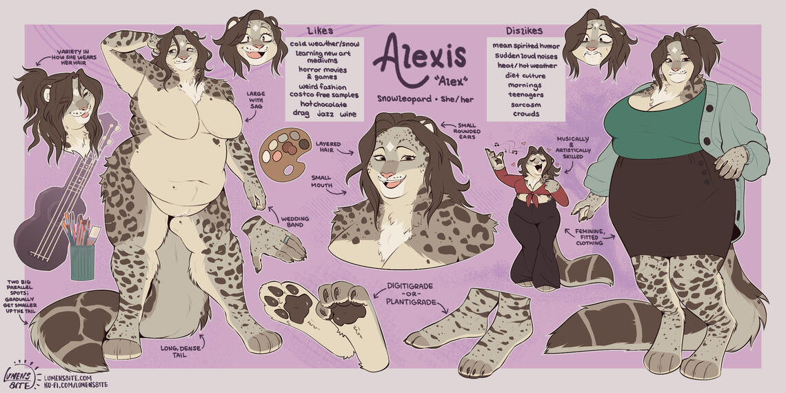 A large reference sheet with the standard inclusions, except the half body has been upgraded to another full body, likes & dislikes chart, 1 chibi, and 3 additional closeups. Features a curvaceous snow leopard. Designed by me.