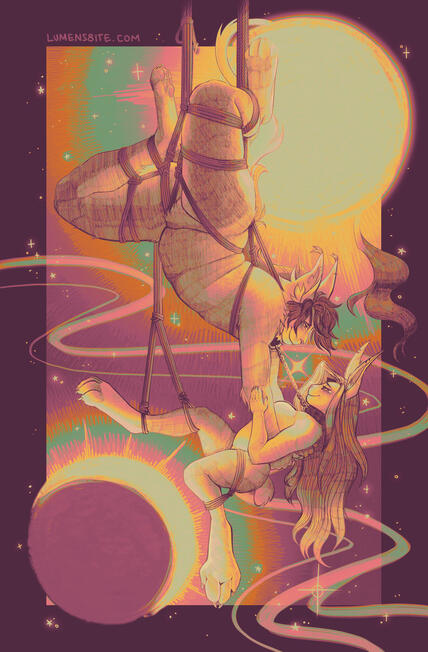 Sitri Halfbody piece of a hybrid creature against the yellow light of the moon. They have a sultry look, their 8 breasts and large canid cock out in full view.