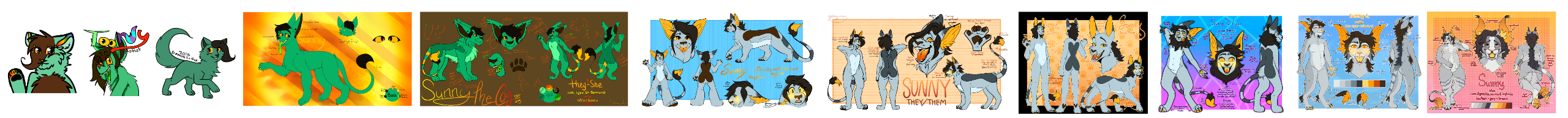 Sunny's development from 2014-2024. 11different reference sheets of Sunny from 2014-2024 (left to right).