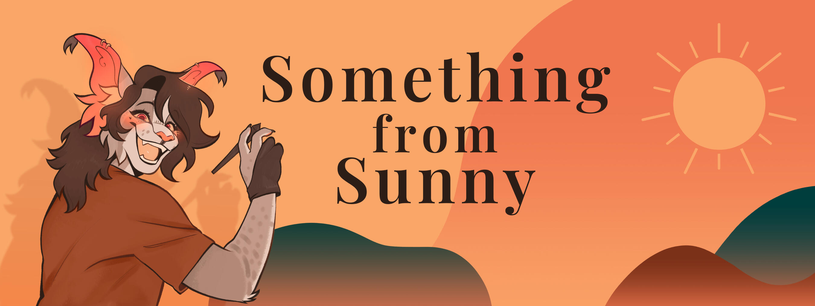 A website banner with the words Something from Sunny centered in the middle. Sunny is on the left, looking over his shoulder with a big grin as he holds his gloved hand up, holding a drawing tablet pen. On the right, there are lumpy mountain shapes underne